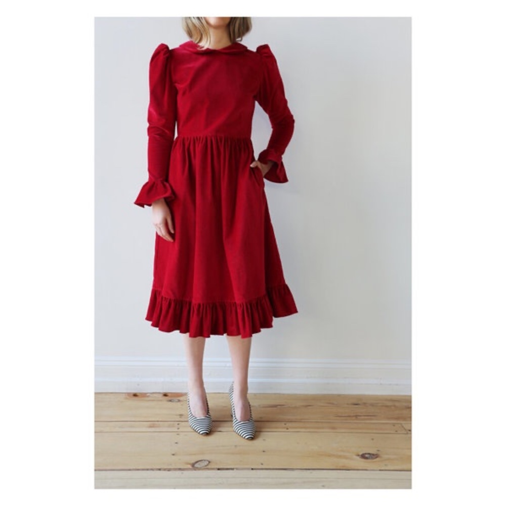 Batsheva Peter Pan Collar Ruffle Dress Velvet Red 2 Womens